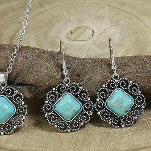 SET: Gemstone inlaid turquoise silver filigree set earrings/necklace brand new